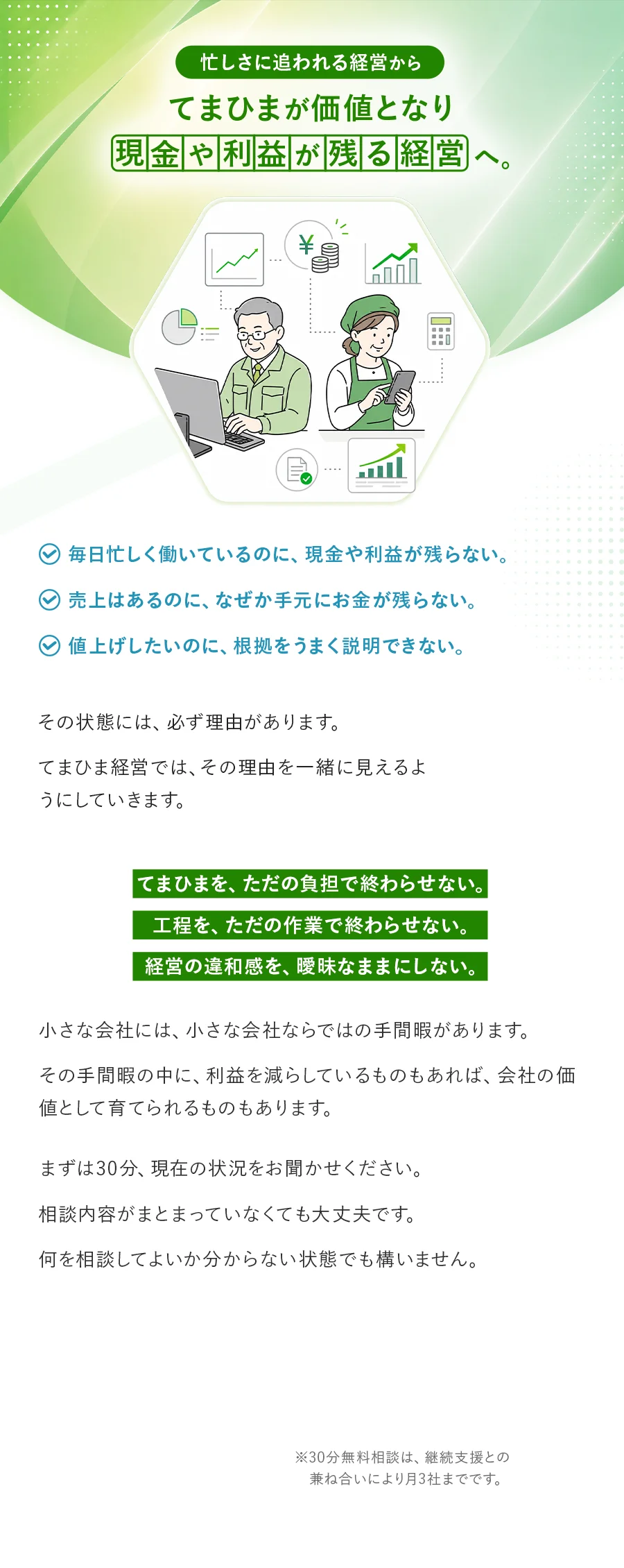 忙しさに追われる経営から、手間暇を価値と利益につなげる経営へ導く30分無料相談